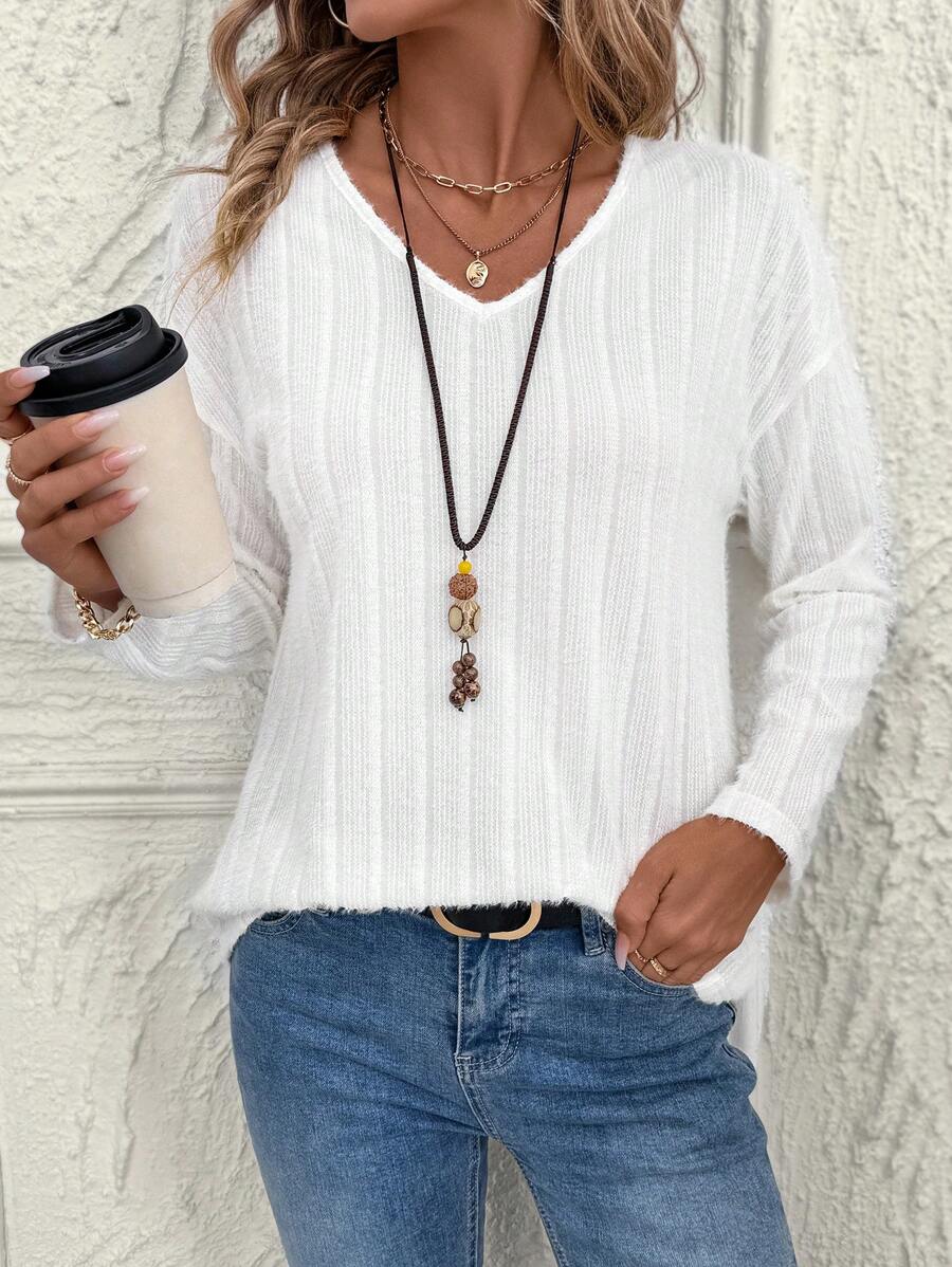 EMERY ROSE Women V Neck Drop Shoulder Solid Color Knit T-Shirt, Autumn/Winter - White - View 1