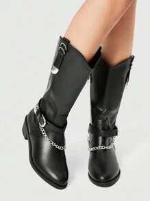 ROMWE Grunge Punk Women Plain Color Chain Decor Round Toe Minimalist Ankle Boots, Casual Daily Wear