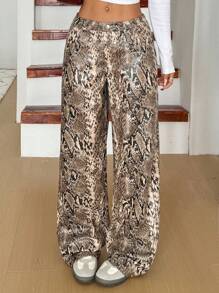 SHEIN EZwear Women Snake Skin Print Pockets Button Fly Loose PU Leather Pants - Brown - View 1