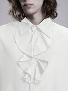 ROMWE MEN Goth 男士纯色长袖休闲衬衫，带荷叶边，秋季 - 白色 - 查看 3