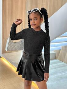 SHEIN Leap Crew Tween 女童都市休闲舒适针织圆点长袖上衣 - 黑色 - 查看 5