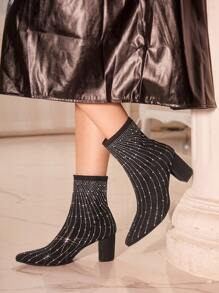 CUCCOO TILAWA Rhinestone Embellished Pointed Toe Fashionable Mid-Calf Boots For Christmas And New Year Holiday Valentines - Black - View 9