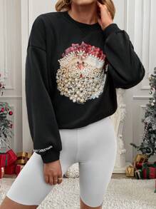 INAWLY Women's Round Neck Long Sleeve Minimalist Santa Claus Print Casual Sweatshirt