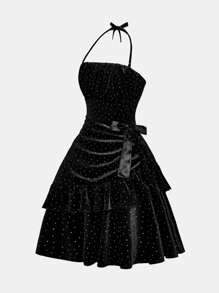 SHEIN Tween Girl Fashion Elegant Halter Ruffled Decor Cinched Waist Black Velvet Rhinestone Cocktail Party Dress - Black - View 3