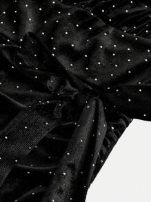SHEIN Tween Girl Fashion Elegant Halter Ruffled Decor Cinched Waist Black Velvet Rhinestone Cocktail Party Dress - Black - View 6