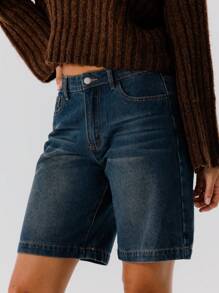 Aralina Mid Rise Loose Fit Casual Denim Bermuda Jorts - Medium Wash - View 3