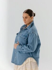 Aralina Curve Button-Up Plus Size Casual Western Style Denim Shirt - Medium Wash - View 4