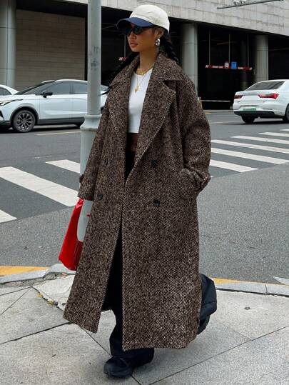 Muchica 1pc Women's Long Sleeve Double-Breasted Long Coat With Lapel Collar, Coffee Brown, For Autumn/Winter