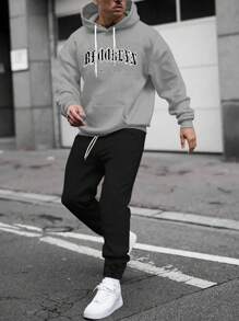 EURMUSE Men Letter Printed Regular Hoodie Set - Grey - View 1