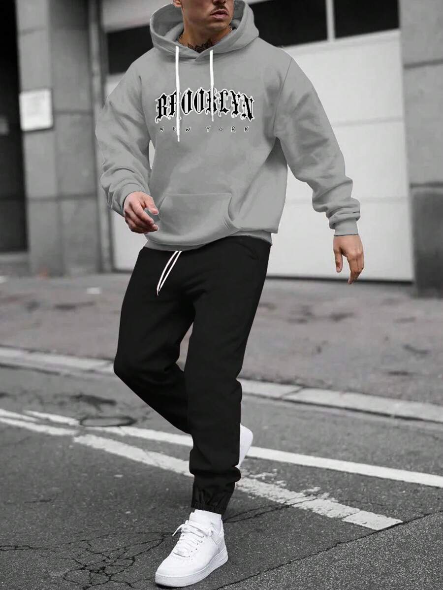 EURMUSE Men Letter Printed Regular Hoodie Set - Grey - View 1