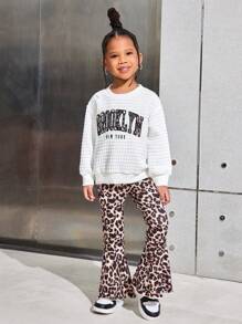 Young Girl Casual Knit Crew Neck Long Sleeve Pullover Hoodie With Leopard Print Pants Set