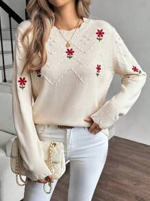 EMERY ROSE Suéter holgado de punto con bordado floral elegante para mujer, adecuado para el Día de San Valentín - Albaricoque - Ver 7