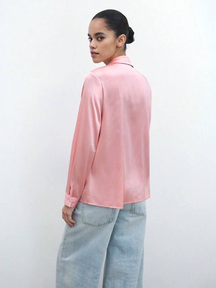 SHEIN Maija New Autumn/Winter Women Urban Chic Elegant Casual Holiday Party Pink Rhinestone Decor Blouse