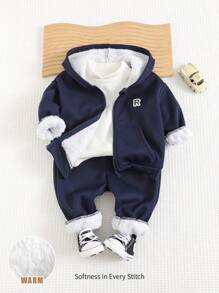 Cozy Pixies Set de 2 piezas de chaqueta con capucha suave de punto con estampado de letras y pantalón de chándal para bebé niño