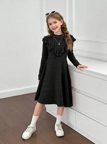 SHEIN Tween Girls Knit Ribbed Stand Collar Ruffle Hem Fitted Casual Long Sleeve Dress - Black - View 7