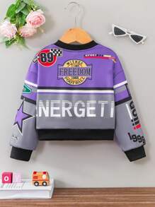 SHEIN Young Girls Fashion Color Block Letter Print Short Loose Stand Collar Zip-Up Biker Jacket, Suitable For Autumn, Purple Jacket