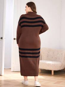 Mulvari Váy len dài tay cổ cao kẻ sọc cỡ lớn cho mùa đông - Cà phê nâu - Xem 2
