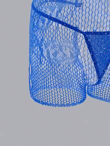 ChaseTheNight Set Lingerie Wanita Jala Elastis Tinggi Seksi dengan Hiasan Batu untuk Pergi Keluar - Royal Blue - View 5