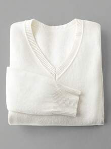 Franclia Áo len nữ tay dài cổ chữ V màu trơn, giữ ấm, kiểu dáng thường ngày, thích hợp cho mùa thu/đông, áo len chui đầu mùa thu. - Màu be - Xem 7