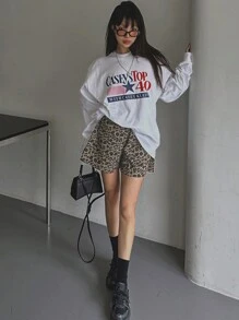 DAZY 女式弹力腰直筒豹纹短裤，适合所有季节秋季 - 卡其色 - 查看 3