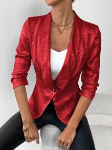 SHEIN Privé 1 件女士金色翻领长袖西装外套 - 紅色 - 查看 5