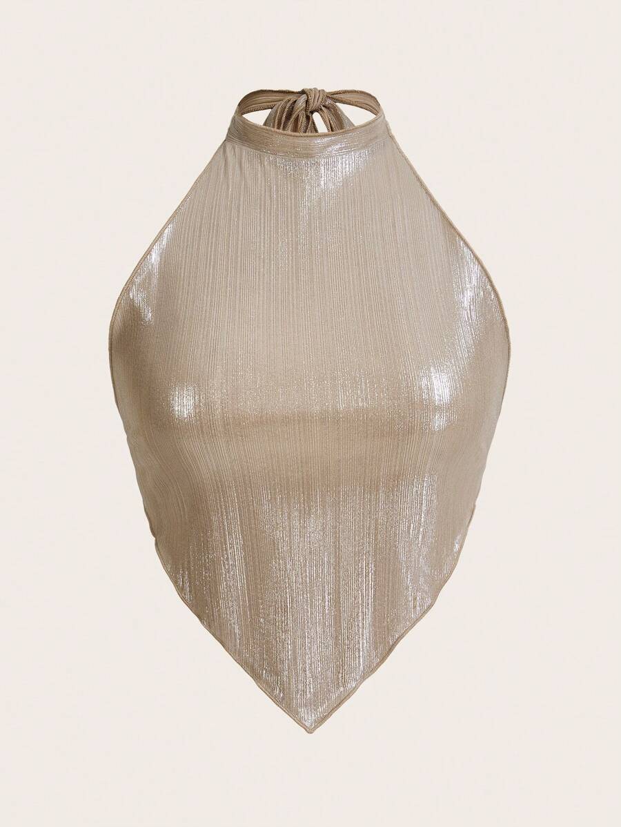 SHEIN ICON 音乐会服装 金属丝头巾下摆吊带上衣 - 杏色 - 查看 1