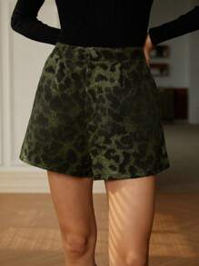 GENKIRA Quần short cạp cao xếp ly họa tiết da báo thanh lịch, họa tiết da báo thu/đông - xanh quân đội - Xem 5