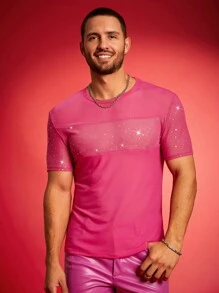 FeverCity 男士圆领短袖网眼拼接休闲T恤 - 玫紅色 - 查看 1