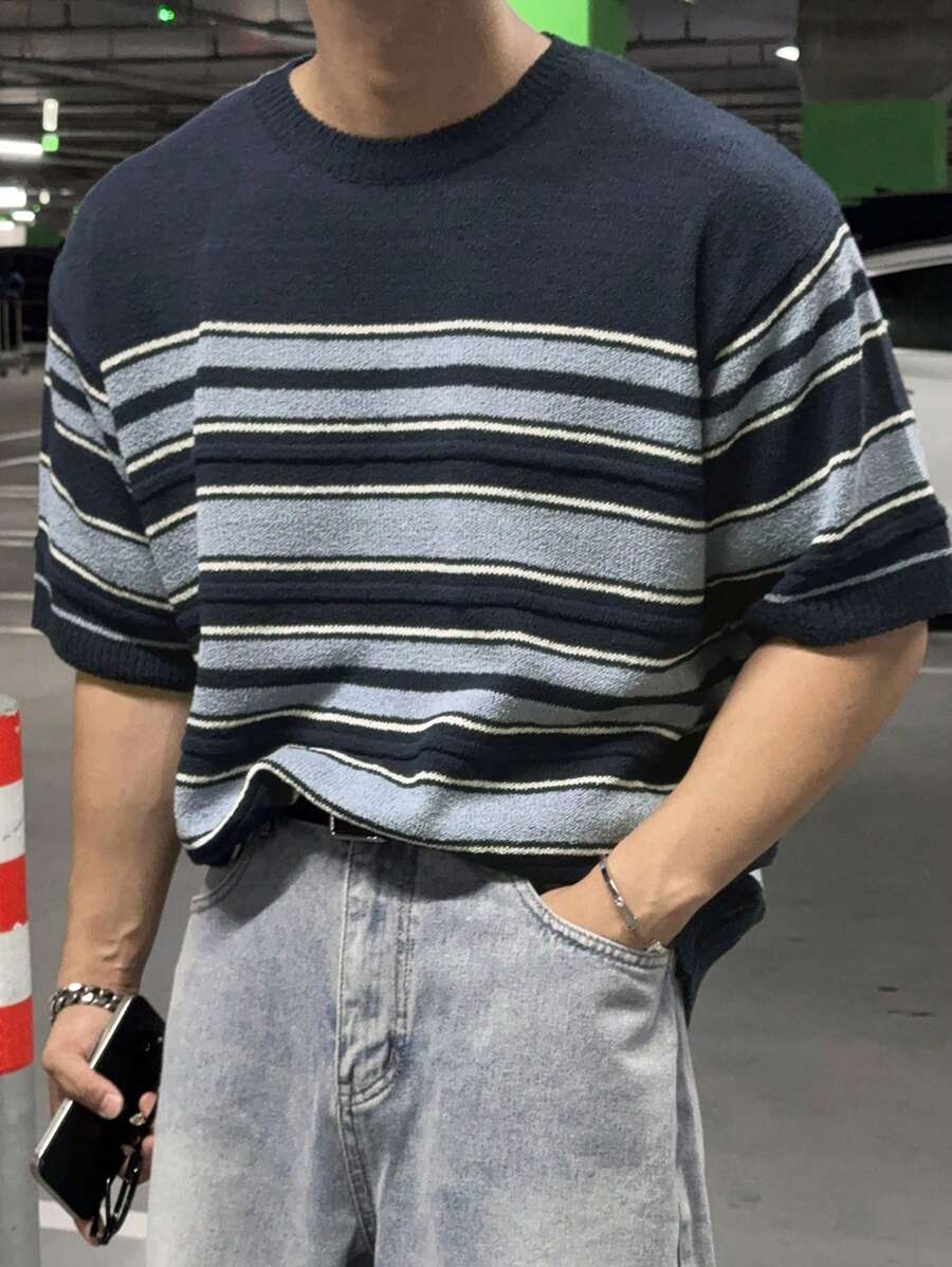DAZY Men's Casual Loose Drop Shoulder Striped Pattern Knit Pullover - Blue - View 1