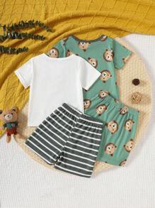 SHEIN Conjunto de 2 piezas para bebé niño con camiseta de manga corta y pantalones cortos, cómodo y duradero, con estampado gráfico lindo, ajuste relajado con cuello redondo en la camiseta y cintura con cordón en los pantalones, adecuado para primavera/verano - Multicolor - Ver 2