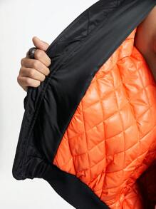 Manfinity RebelGame 男士纯色前拉链连帽休闲短款宽松棉服外套，派对时尚保暖饶舌歌手拼色冬季外套，适合朋友、丈夫、男朋友的礼物 - 黑色 - 查看 7