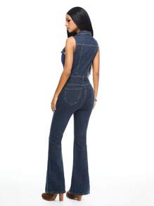 ROMWE Salopetă din denim evazată cu cataramă metalică Y2K Vintage pentru femei