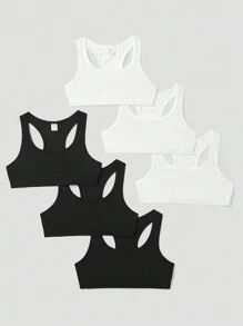 SHEIN Leap Crew 6pcs/Set Tween Girls' Minimalist Sports Cami Bra Set - Black and White - View 1