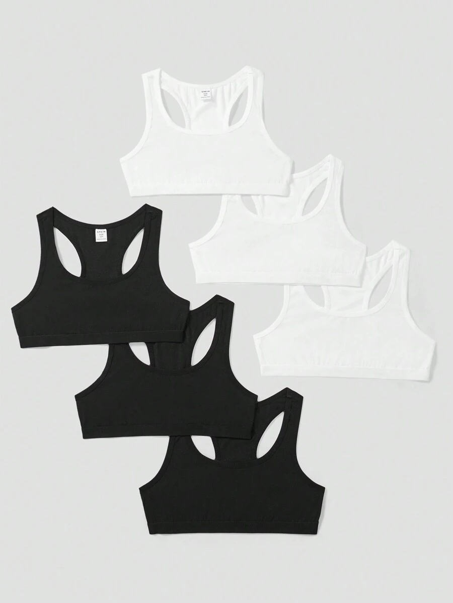 SHEIN Leap Crew 6pcs/Set Tween Girls' Minimalist Sports Cami Bra Set - Black and White - View 1