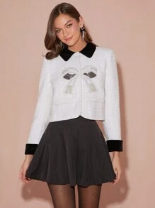 Enchnt Autumn/Winter Romantic Women's Sweet Elegant White Color Block Exquisite Pearl Bow Decor Long Sleeve Tweed Jacket,For Thanksgiving&Christmas Party - White - View 2