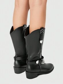 ROMWE Grunge Punk Women Plain Color Chain Decor Round Toe Minimalist Ankle Boots, Casual Daily Wear