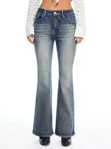 ROMWE Fairycore Women Y2K Retro Skeleton Wing Embroidery Rhinestone Decor Flare Leg Low Waist Jeans - Blue - View 4