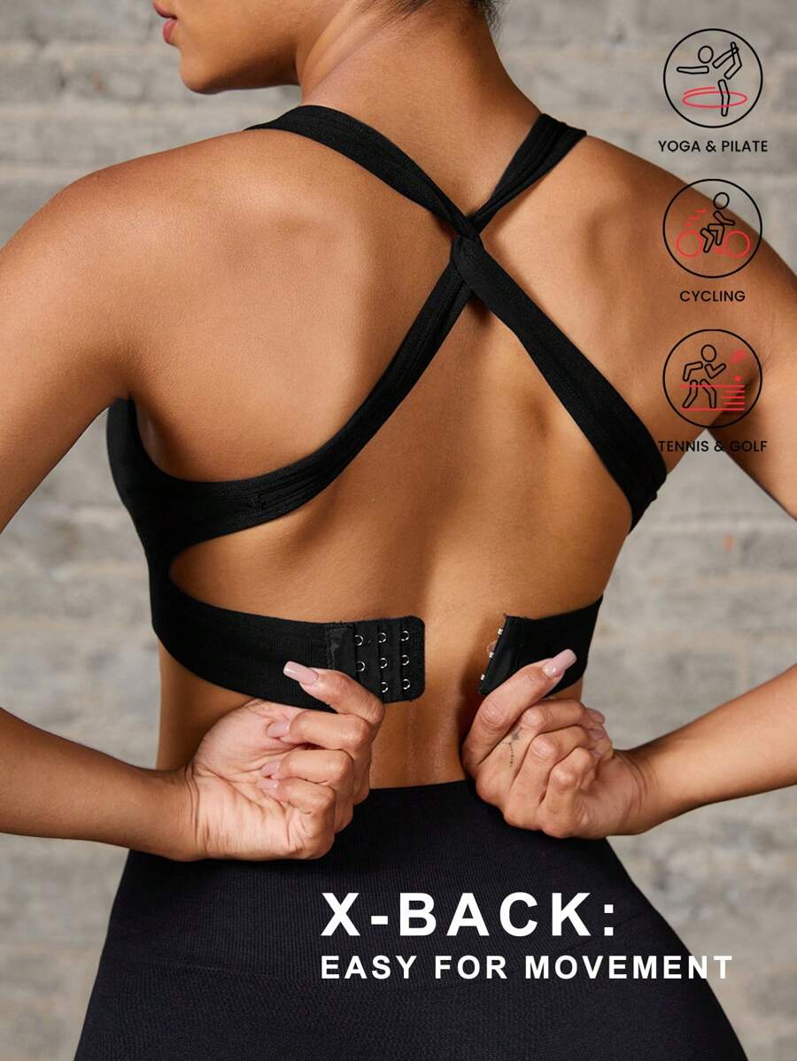 Easithlete 女士无缝交叉运动胸罩 - 黑色 - 查看 1