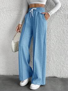 Cottnline Cotton Petite Drawstring Waist Wide Leg Pants - Baby Blue - View 3