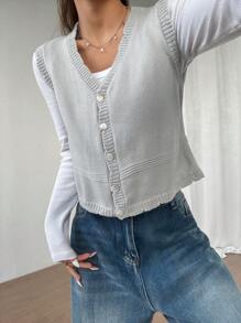 SHEIN Unity Women's Sleeveless Button Front Simple Sweet Casual Versatile Embroidered Vest - Light Grey - View 3