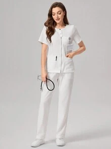 SHEIN TaskFit 女士纯色圆领拉链式磨砂上衣和裤子制服套装 - 白色 - 查看 4