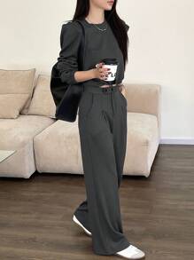 DAZY 2pcs/Set Women Plain Crew Neck Puff Sleeve Sweatshirt And Wide Leg Pants Set,Fall Clothes - Dark Grey - View 5