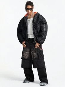 Manfinity RebelGame 男士纯色前拉链连帽休闲短款宽松棉服外套，派对时尚保暖饶舌歌手拼色冬季外套，适合朋友、丈夫、男朋友的礼物 - 黑色 - 查看 5