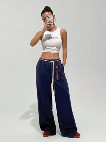 StreetHx Quần nỉ thể thao ống rộng phong cách đường phố Hip-Hop dành cho nữ - Màu xanh hải quân - Xem 7