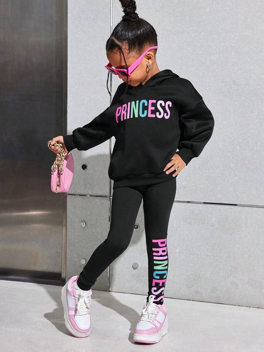 Young Girl Young Girl Casual Street Thermal Lined Autumn Hoodie And Fitted Sweatpants Set - Black - View 1