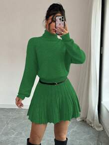 Calvaya 2pcs/Set Solid Color Pleated Loose Casual Skirt Suit, High Neck Sweater