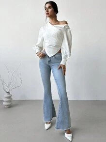 Firerie 女士休闲优雅精致通勤办公室不对称下摆长袖西装领 - 白色 - 查看 7