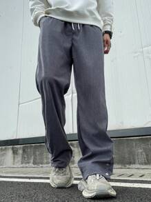 Manfinity Hypemode Pantalones casuales de pana rectos con cordón en la cintura para hombre - Gris Oscuro - Ver 6
