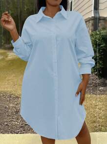 Maweii Plus Size Plain Front Button Closure Long Sleeve Casual Short Dress - Dusty Blue - View 3