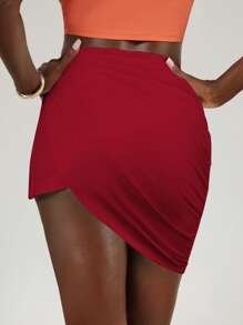 GAUTII 设计师女士纯色性感高腰褶皱迷你裙，适合假期、派对、节日 - 酒紅色 - 查看 7